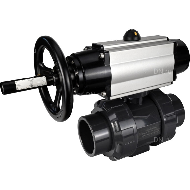 Кран шаровой BV4242E-FP-GRM-ISO Дн65 Ру10 полнопроходной, корпус - НПВХ, шар - НПВХ, уплотнение - EPDM, с пневмоприводом PA-DA-105-1 двойного действия со штурвалом в Алматы