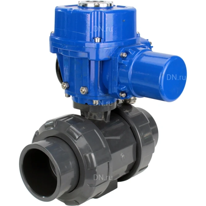 Кран шаровой BV4242E-FP-GRM-ISO Дн40 Ру10 полнопроходной, корпус - НПВХ, шар - НПВХ, уплотнение - EPDM, с электроприводом QT-N-005M-O2-380VAC-У1 с моментной муфтой и штурвалом в Алматы