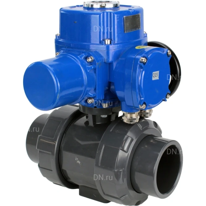 Кран шаровой BV4242E-FP-GRM-ISO Дн40 Ру10 полнопроходной, корпус - НПВХ, шар - НПВХ, уплотнение - EPDM, с электроприводом QT-N-005M-O2-380VAC-У1 с моментной муфтой и штурвалом в Алматы