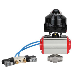Кран шаровой BV3232P(4pc)-SP-3WL-T-ISO-H 2 1/2″ Ду65 Ру40 стандартнопроходной трехходовой L-тип, нержавеющая сталь SS316, внутренняя резьба, уплотнение - PTFE, с пн.приводом PA-DA-083 пн.распределителем 4V320-10 AC220V БКВ APL-510N-EX