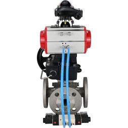 Кран шаровой BV3232P(4pc)-FP-3WL-F Ду15 Ру16 полнопроходной трехходовой, фланцевый, корпус - нержав.сталь SS316, с пневмоприводом PA-DA-052, пневмораспределителем 4V320-08 AC220V, БКВ APL-210N и ручным дублером MON1-250-T26-ISO