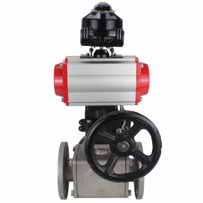 Кран шаровой BV3232P(4pc)-FP-3WL-F Ду25 Ру16 полнопроходной трехходовой, фланцевый, корпус - нержав.сталь SS316, пневмопривод PA-DA-052 двойн.действия, пневмораспределитель 4M310-08 DC24V, БКВ APL-510N EX и ручной дублер MON1-250-T26-ISO в Алматы