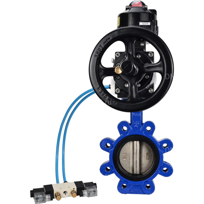 Затвор дисковый поворотный WBV1616N-2W-Fb-H Ду125 Ру16 LUG корпус - чугун QT450, диск - чугун QT450, уплотнение - NBR, с пневмоприводом PA-DA-105-1, пневмораспределителем 4V320-08 AC220V и БКВ APL-510N EX в Алматы