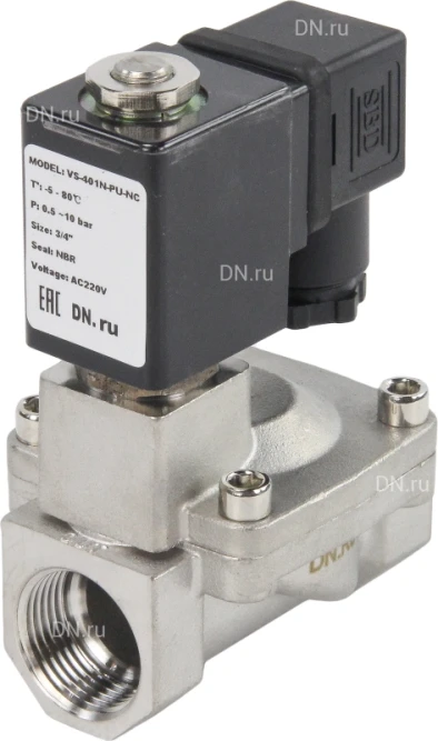 Клапан электромагнитный VS431-VT-NC-24VAC 3/4″ Ду20 Ру16 пилотного действия двухходовой, корпус - сталь нержавеющая 304, присоединение - внутренняя резьба, уплотнение - VITON, нормально-закрытый, катушка - 24В AC в Алматы