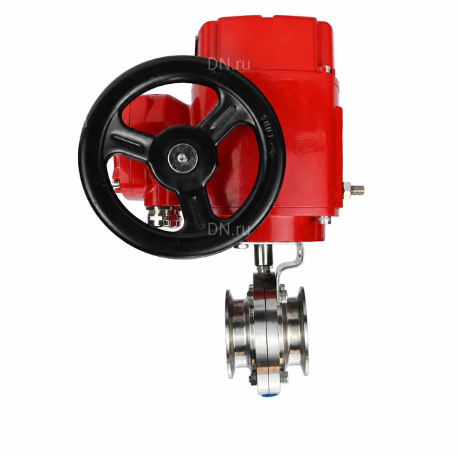 Затвор дисковый поворотный WBV3131S-2W-C-H Ду20 Ру10 кламповый, корпус - пищевая нержавеющая сталь 304, уплотнение - Silicon, с электроприводом QT-EX-005M-O2-220VAC-У1 с моментной муфтой и штурвалом в Алматы