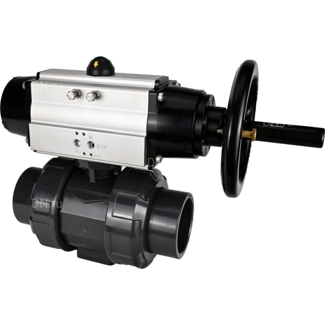 Кран шаровой BV4242E-FP-GRM-ISO Дн80 Ру10 полнопроходной, корпус - НПВХ, шар - НПВХ, уплотнение - EPDM, с пневмоприводом PA-DA-105-1 двойного действия со штурвалом в Алматы