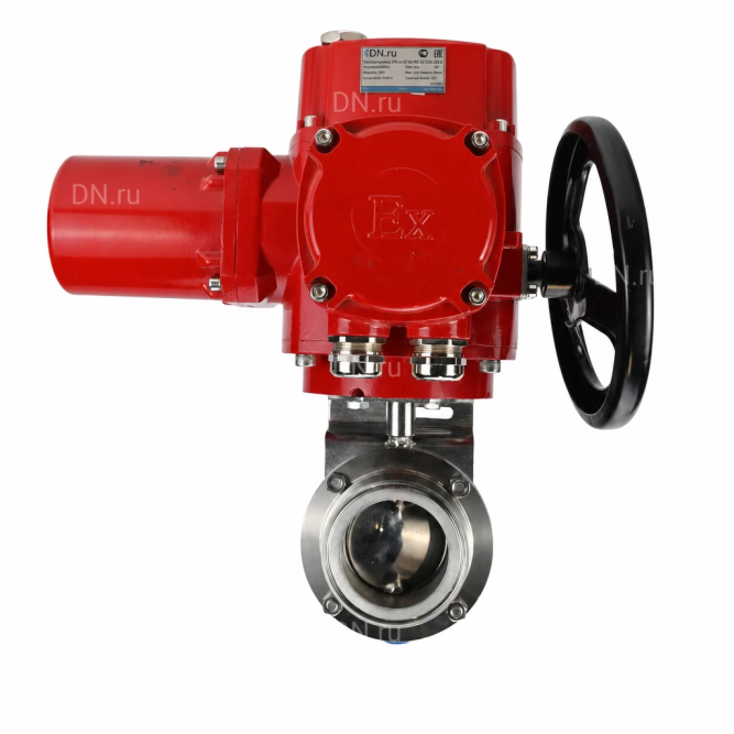 Затвор дисковый поворотный WBV3131S-2W-C-H Ду25 Ру10 кламповый, корпус - пищевая нержавеющая сталь 304, уплотнение - Silicon, с электроприводом QT-EX-005M-O2-220VAC-У1 с моментной муфтой и штурвалом в Алматы