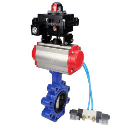 Затвор дисковый поворотный WBV1616N-2W-Fb-H Ду125 Ру16 LUG корпус - чугун QT450, диск - чугун QT450, уплотнение - NBR, с пневмоприводом PA-DA-105, пневмораспределителем 4V320-10 AC220V и БКВ APL-410N EX