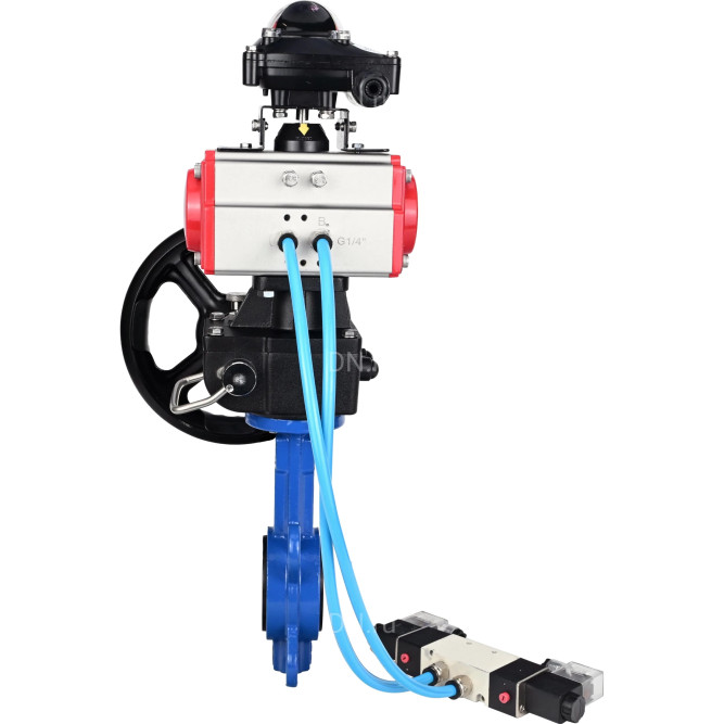 Затвор дисковый поворотный WBV1413E-2W-Fb-H Ду125 Ру16, корпус - чугун GGG50, диск - чугун GGG40, уплотнение - EPDM, с пневмоприводом PA-DA-105, пневмораспределителем 4V320-10 AC220V, БКВ APL-210N и ручным дублером MON2-450-T28-ISO в Алматы