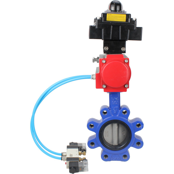 Затвор дисковый поворотный WBV1631N-2W-Fb-H Ду125 Ру16 LUG корпус - чугун QT450, диск - нержавеющая сталь 304, уплотнение - NBR, с пневмоприводом PA-SA-140, пневмораспределителем 4V320-08 AC220V и БКВ APL-410N EX в Алматы