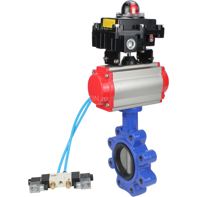 Затвор дисковый поворотный WBV1631N-2W-Fb-H Ду125 Ру16 LUG корпус - чугун QT450, диск - нержавеющая сталь 304, уплотнение - NBR, с пневмоприводом PA-SA-140, пневмораспределителем 4V320-08 AC220V и БКВ APL-410N EX в Алматы