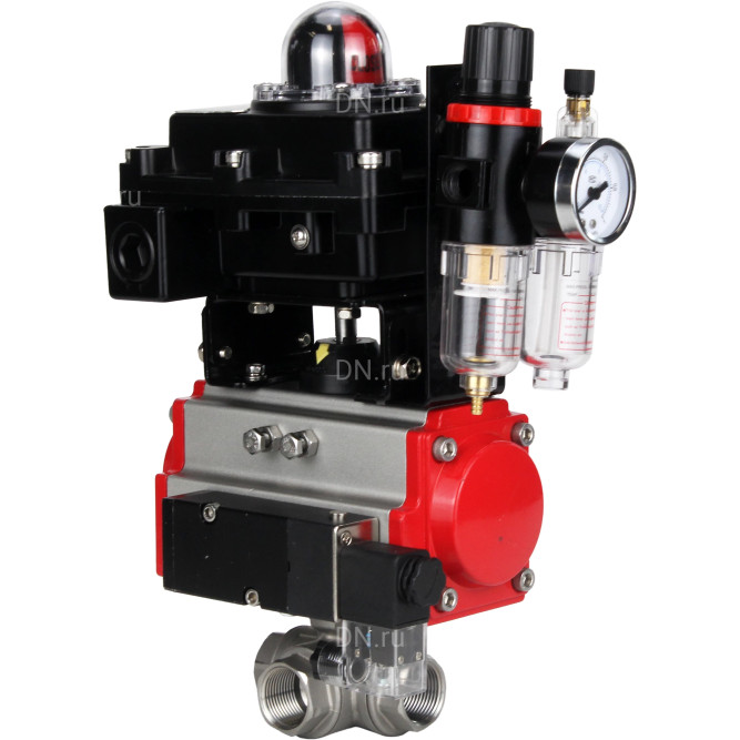 Кран шаровой BV3232P(4pc)-SP-3WL-T-ISO-H Ду15 Ру63 стандартнопроходной трехходовой L-тип, нержавеющая сталь SS316, внутренняя резьба, PTFE, пн.приводом PA-DA-052, пн.распределителем 4M310-08 DC24V, БКВ APL-410N EX и БПВ AFC2000 в Алматы