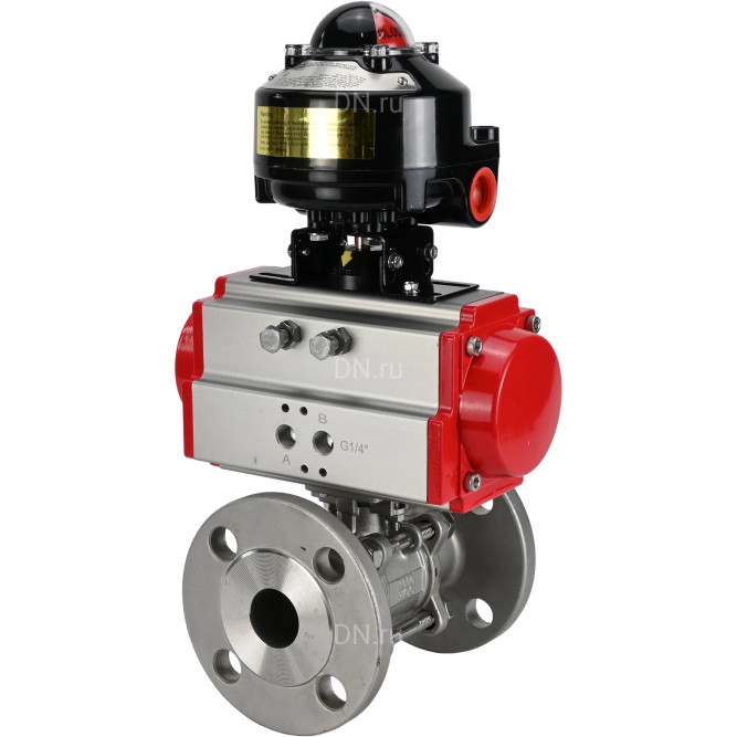 Кран шаровой BV3232P(3pc)-FP-F-ISO-H Ду25 Ру40 фланцевый, полнопроходной, трехсоставной, корпус - нержавеющая сталь SS316, уплотнение - PTFE, с пневмоприводом PA-SA-083 и БКВ APL-510N-EX в Алматы