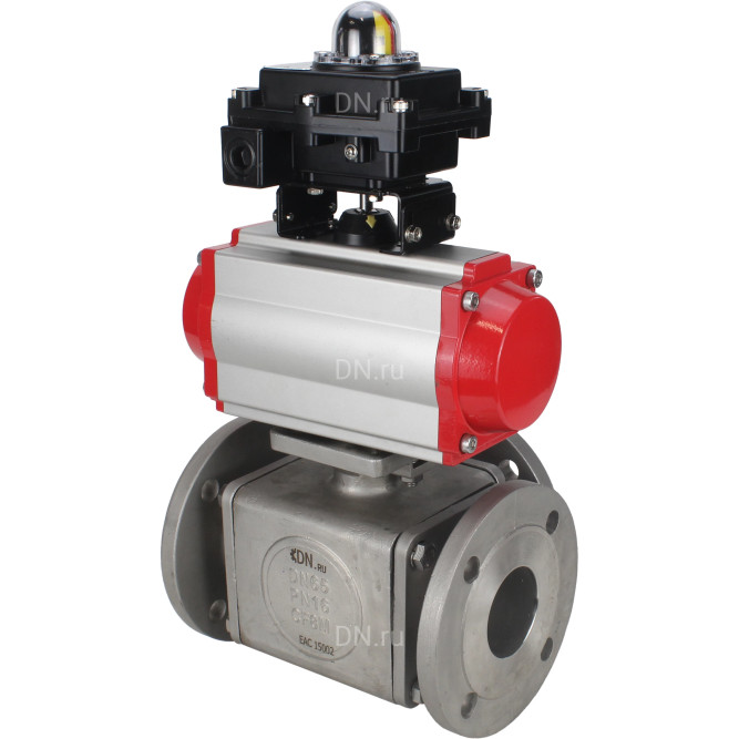 Кран шаровой BV3232P(4pc)-FP-3WL-F Ду20 Ру16 полнопроходной трехходовой, фланцевый, корпус - нержавеющая сталь SS316, с пневмоприводом PA-DA-052 двойного действия, пневмораспределителем 4M310-08 DC24V и БКВ APL-410N EX в Алматы