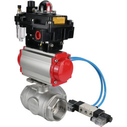 Кран шаровой BV3232P(4pc)-SP-3WL-T-ISO-H Ду20 Ру63, стандартнопроходной, четырехсоставной, нержавеющая сталь 316, PTFE, внутренняя резьба, с пневмоприводом PA-SA-052, пневмораспределителем 4V320-08 AC220V, БКВ APL-410N Ex, БПВ AFC2000