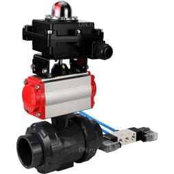 Кран шаровой BV4242E-FP-GRM-ISO Дн25 Ру10 полнопроходной, корпус - НПВХ, шар - НПВХ, уплотнение - EPDM, с пневмоприводом PA-SA-052, пневмораспределителем 4V320-10 AC220V и БКВ APL-410N EX