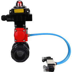 Кран шаровой BV4242E-FP-GRM-ISO Дн25 Ру10 полнопроходной, корпус - НПВХ, шар - НПВХ, уплотнение - EPDM, с пневмоприводом PA-SA-052, пневмораспределителем 4V320-10 AC220V и БКВ APL-410N EX