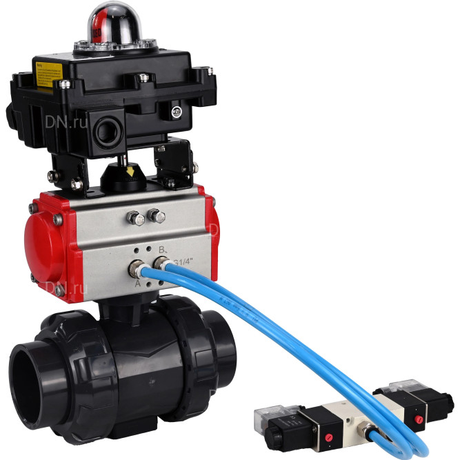 Кран шаровой BV4242E-FP-GRM-ISO Дн25 Ру10 полнопроходной, корпус - НПВХ, шар - НПВХ, уплотнение - EPDM, с пневмоприводом PA-SA-052, пневмораспределителем 4V320-10 AC220V и БКВ APL-410N EX в Алматы