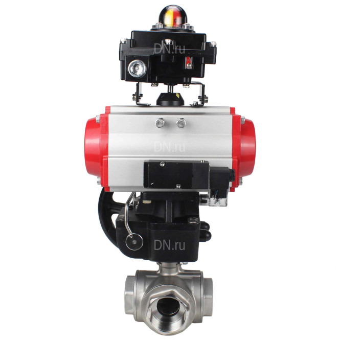 Кран шаровой BV3232P(4pc)-SP-3WL-T-ISO-H Ду10 Ру63 стандартнопроходной трехходовой L-тип, нержавеющая сталь SS316, внутренняя резьба, PTFE, пн.привод PA-DA-065, пн.распределитель 4M310-08 AC220V, БКВ APL-410N EX и ручной дублер MON1-250-T26-ISO в Алматы