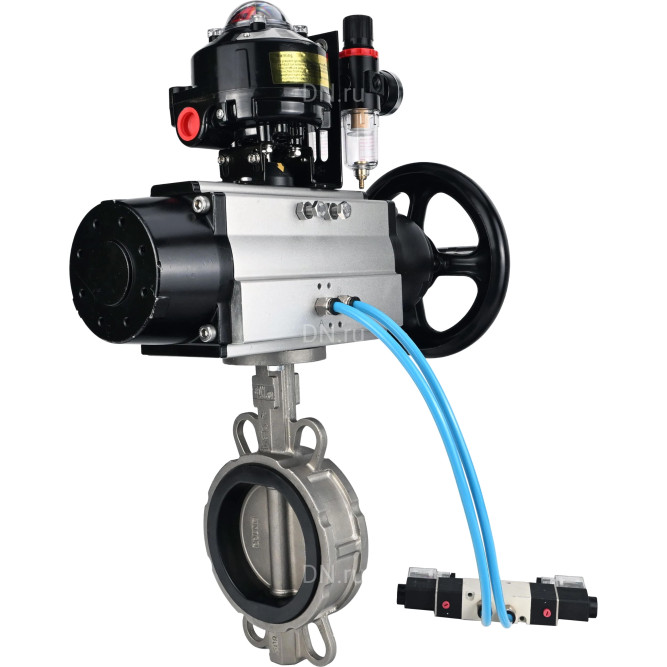 Затвор дисковый поворотный WBV3232V-2W-Fb-H Ду150 Ру16, корпус - нержавеющая сталь 316L, диск - нержавеющая сталь 316L, уплотнение - Viton, с пневмоприводом PA-DA-105-1, пневмораспределителем 4M320-08 AC220V, БКВ APL-510N EX, БПВ AFC2000 в Алматы