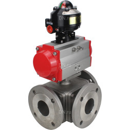 Кран шаровой BV3232P(4pc)-FP-3WL-F Ду25 Ру16 полнопроходной трехходовой, фланцевый, корпус - нержавеющая сталь SS316, с пневмоприводом PA-DA-052 двойного действия и БКВ APL-510N EX