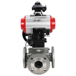 Кран шаровой BV3232P(4pc)-FP-3WL-F Ду65 Ру16 полнопроходной трехходовой, фланцевый, корпус - нержавеющая сталь SS316, с пневмоприводом PA-DA-083, пневмораспределителем 4M310-08 DC24V, БКВ APL-210N и ручным дублером MON2-450-T28-ISO