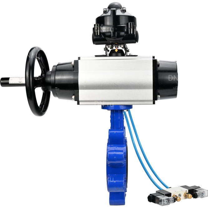 Затвор дисковый поворотный WBV1631E-2W-Fb-H Ду150 Ру16 LUG корпус - чугун QT450, диск - нержавеющая сталь 304, уплотнение - EPDM, с пневмоприводом PA-DA-105-1, пневмораспределителем 4V320-08 AC220V и БКВ APL-510N EX в Алматы