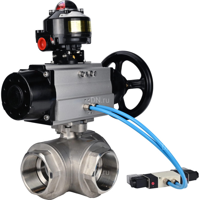 Кран шаровой BV3232P(4pc)-SP-3WL-T-ISO-H Ду80 Ру40, стандартнопроходной, четырехсоставной, корпус - нержавеющая сталь 316, уплотнение - PTFE, внутренняя резьба, с пневмоприводом PA-DA-105-1, пневмораспределителем 4V320-10 AC220V, БКВ APL-510N Ex в Алматы