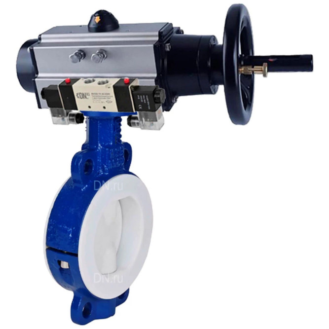 Затвор дисковый поворотный WBV3434Pf-2W-Fb-R Ду150 Ру16 корпус - углеродистая сталь WCB, диск - углеродистая сталь WCB, футерованный PTFE, уплотнение - PTFE, с пневмоприводом PA-DA-105-1, с пневмораспределителем 4V320-08 AC220V в Алматы