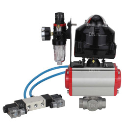 Кран шаровой BV3232P(4pc)-SP-3WL-T-ISO-H 1/2″ Ду40 Ру63 стандартнопроходной трехходовой L-тип, нержавеющая сталь SS316, внутренняя резьба, PTFE, с пн.приводом PA-SA-083 пн.распределителем 4V320-10 AC220V БПВ AFC2000 БКВ APL-510N-EX