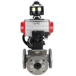Кран шаровой BV3232P(4pc)-FP-3WL-F Ду100 Ру16 полнопроходной трехходовой, фланцевый, корпус - нержавеющая сталь SS316, с пневмоприводом PA-DA-105, пневмораспределителем 4M310-08 DC24V, БКВ APL-510N EX и ручным дублером MON3-700-T38-ISO